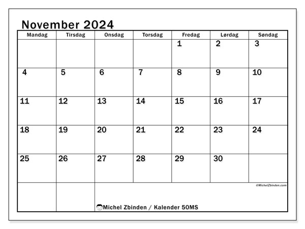 Kalender november 2024, 50MS. Gratis plan til print.