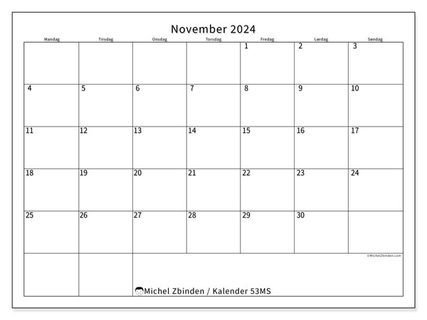 Kalender november 2024, 53SL. Gratis plan til print.