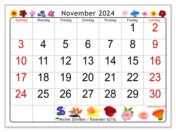 Kalender november 2024, 621SL. Gratis plan til print.