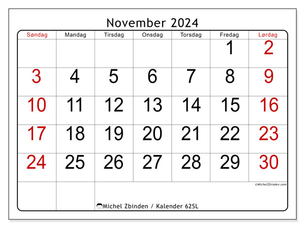 Kalender november 2024, 62SL. Gratis plan til print.