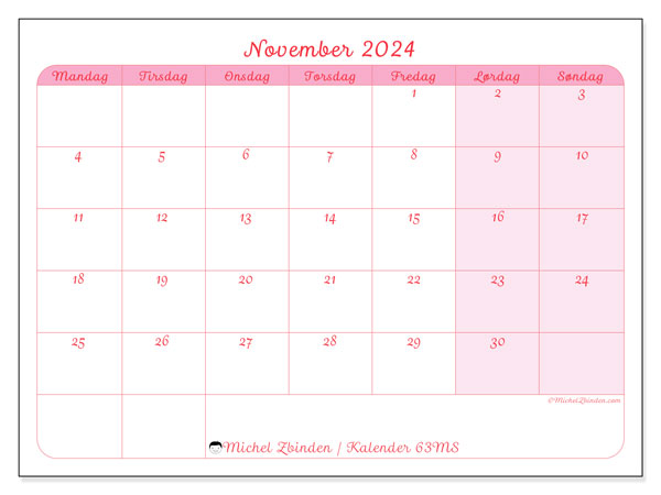 Kalender november 2024, 63SL. Gratis plan til print.