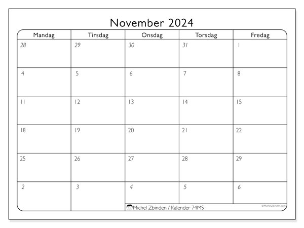 Kalender november 2024, 74SL. Gratis plan til print.