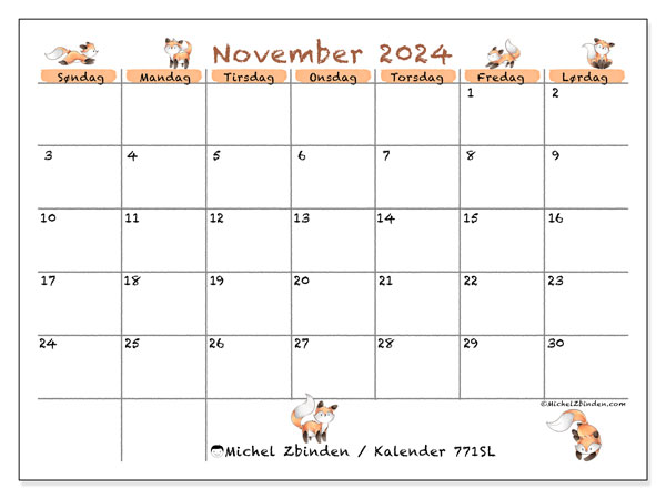 Kalender november 2024, 771SL. Gratis plan til print.