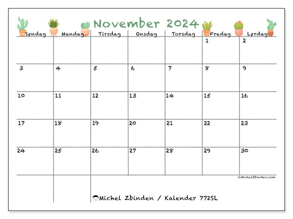 Kalender november 2024, 772SL. Gratis plan til print.