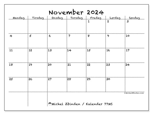 Kalender november 2024, 77MS. Gratis plan til print.