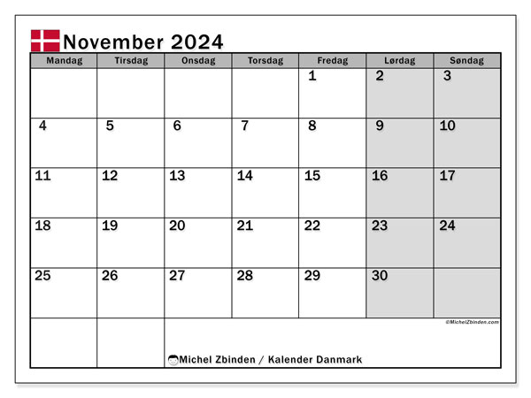 Calendario novembre 2024, Danimarca (DA). Calendario da stampare gratuito.