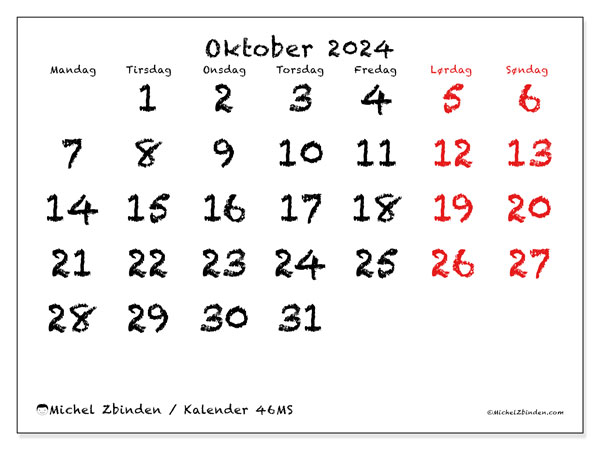 Kalender oktober 2024, 46MS. Gratis kalender til print.