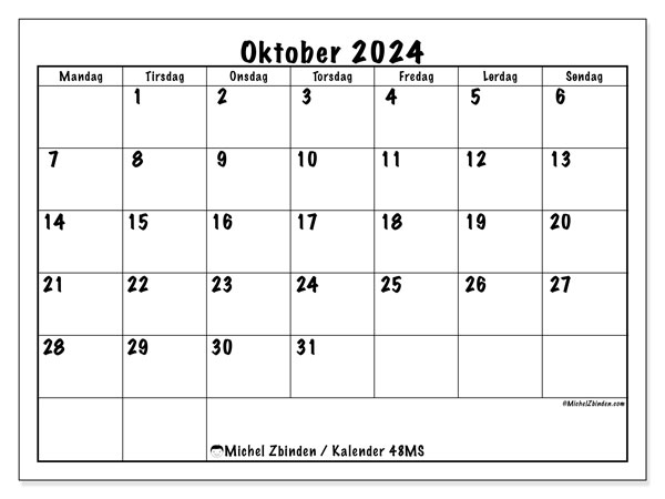 Kalender oktober 2024, 48MS. Gratis kalender til print.