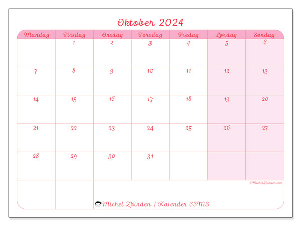 Kalender oktober 2024, 63SL. Gratis kalender til print.