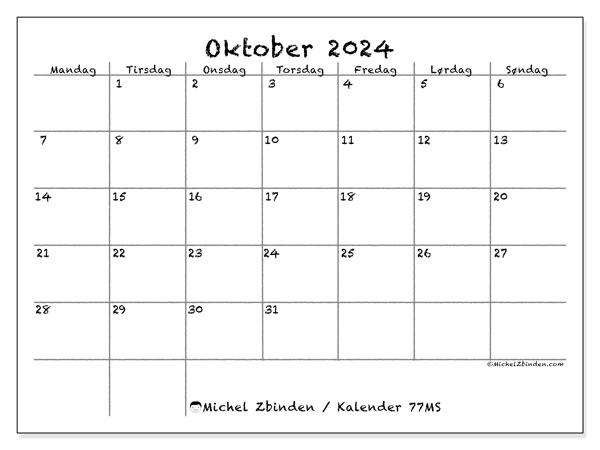 Kalender oktober 2024, 77MS. Gratis kalender til print.