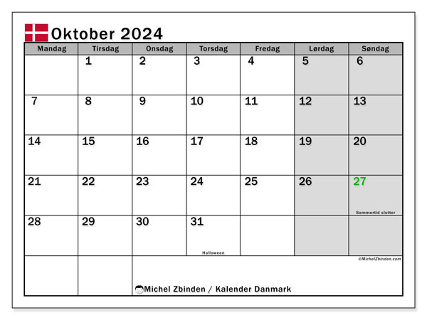 Kalender Oktober 2024, Dänemark (DA). Programm zum Ausdrucken kostenlos.