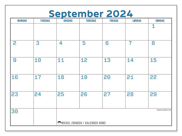 Kalender september 2024, 49MS. Gratis program til print.