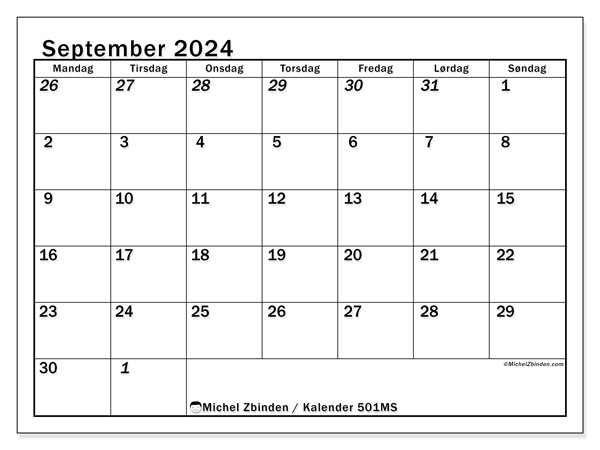 Kalender september 2024, 501MS. Gratis program til print.