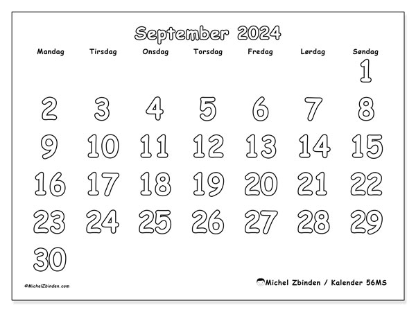 Kalender september 2024, 56MS. Gratis program til print.