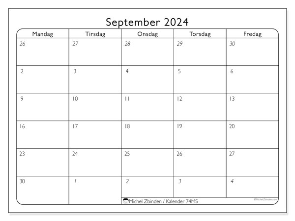 Kalender september 2024, 74SL. Gratis program til print.