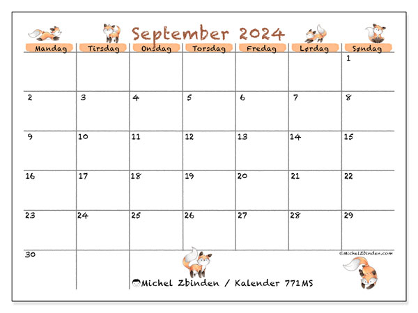 Kalender september 2024, 771MS. Gratis program til print.