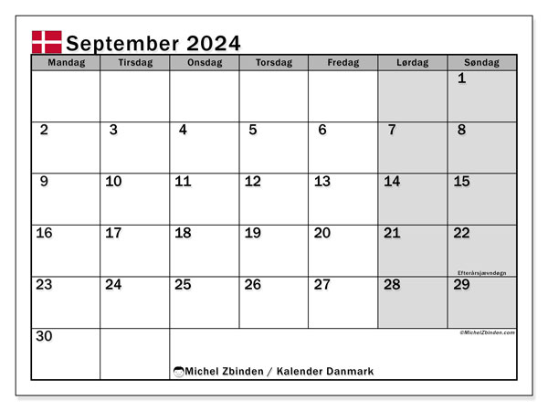 Kalendarz wrzesień 2024, Dania (DA). Darmowy program do druku.