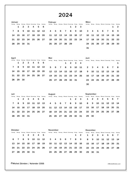 Kalender Jahrlich 2024 “33”. Kalender zum Ausdrucken kostenlos.. Sonntag bis Samstag