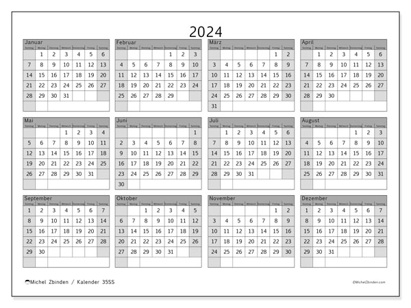 Kalender Jahrlich 2024 “35”. Plan zum Ausdrucken kostenlos.. Sonntag bis Samstag
