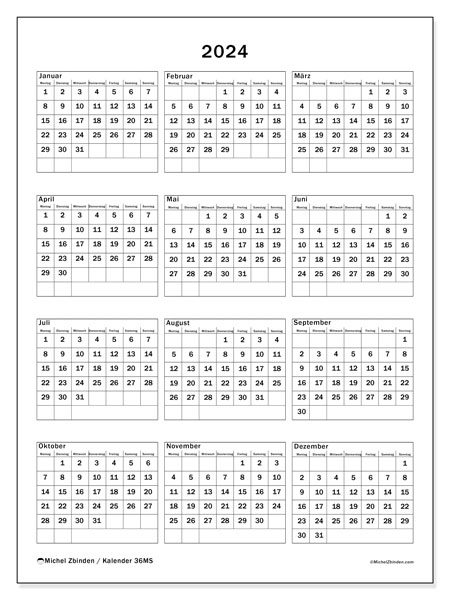 Kalender Jahrlich 2024 “36”. Plan zum Ausdrucken kostenlos.. Montag bis Sonntag