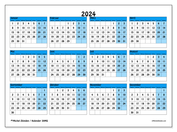 Kalender Jahrlich 2024 “39”. Plan zum Ausdrucken kostenlos.. Montag bis Sonntag
