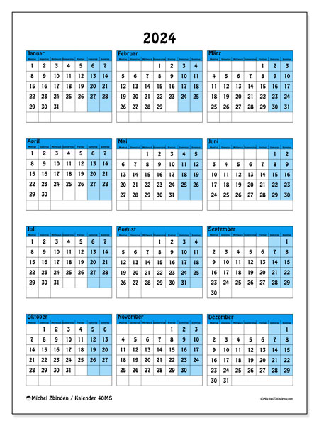 Kalender Jahrlich 2024 “40”. Kalender zum Ausdrucken kostenlos.. Montag bis Sonntag