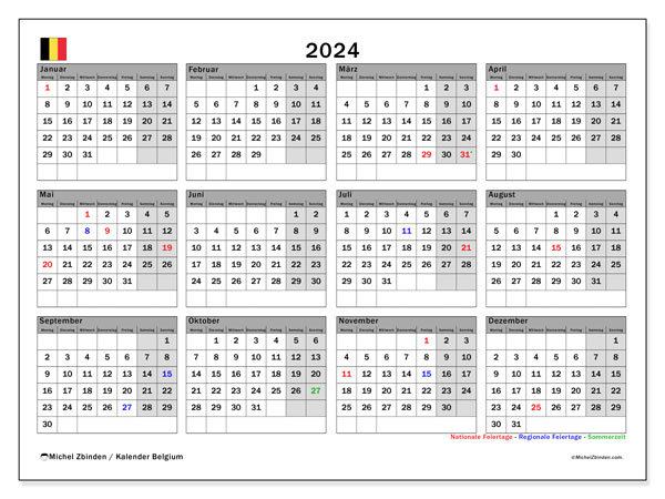 Kalendarz 2024, Belgia (DE). Darmowy dziennik do druku.