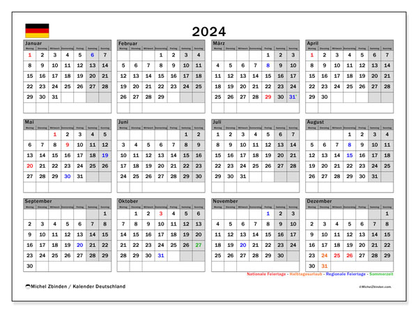 Kalendarz 2024, Niemcy (DE). Darmowy dziennik do druku.