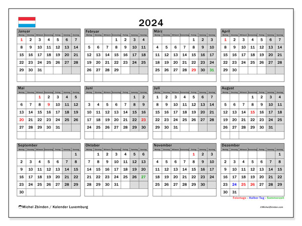 Kalendarz 2024, Luksemburg (DE). Darmowy dziennik do druku.