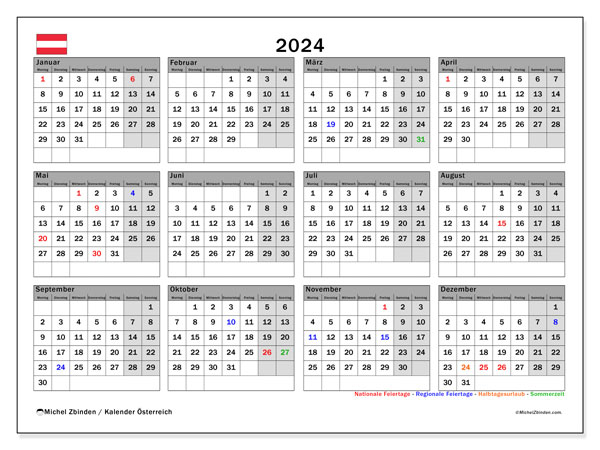 Jahreskalender 2024, Osterreich, druckfertig, kostenlos