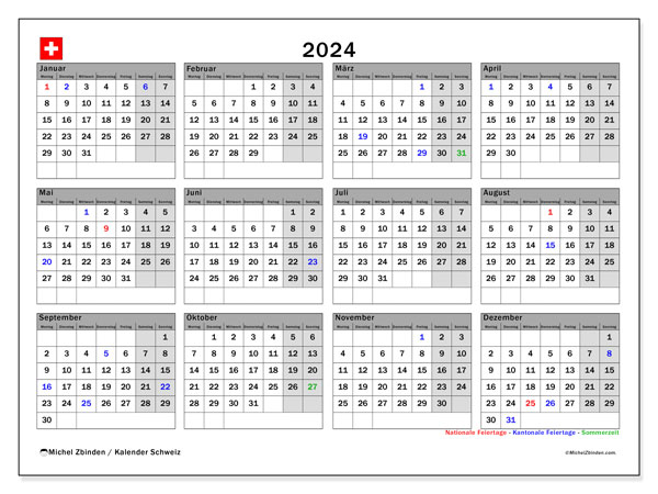Kalendarz 2024, Szwajcaria (DE). Darmowy dziennik do druku.