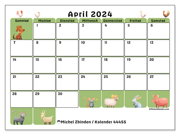 Kalender zum Ausdrucken, April 2024, 444SS