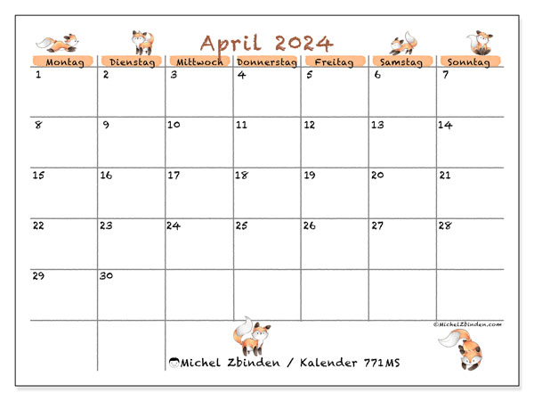 Kalender zum Ausdrucken, April 2024, 771MS