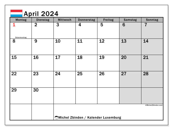 Kalender April 2024, Luxemburg, druckfertig und kostenlos.