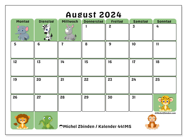 Kalender August 2024 “441”. Kalender zum Ausdrucken kostenlos.. Montag bis Sonntag
