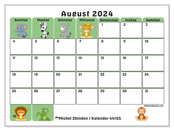 Kalender August 2024 “441”. Kalender zum Ausdrucken kostenlos.. Sonntag bis Samstag