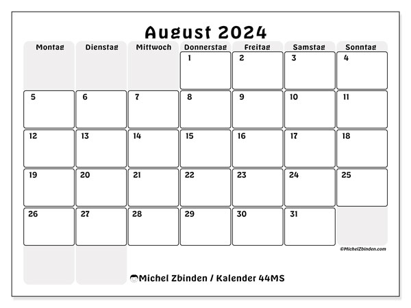 Kalender August 2024, 44MS. Programm zum Ausdrucken kostenlos.
