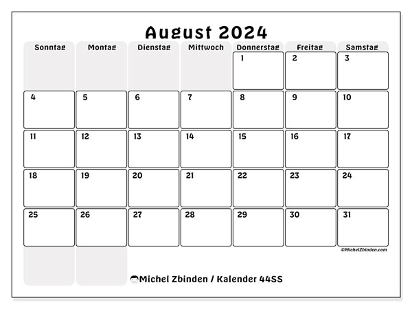 Kalender August 2024 “44”. Programm zum Ausdrucken kostenlos.. Sonntag bis Samstag