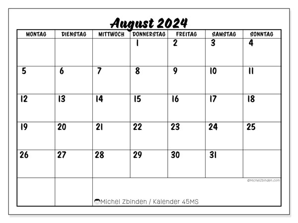 Kalender August 2024, 45MS. Programm zum Ausdrucken kostenlos.