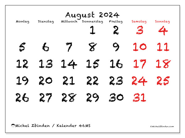 Kalender August 2024, 46MS. Programm zum Ausdrucken kostenlos.