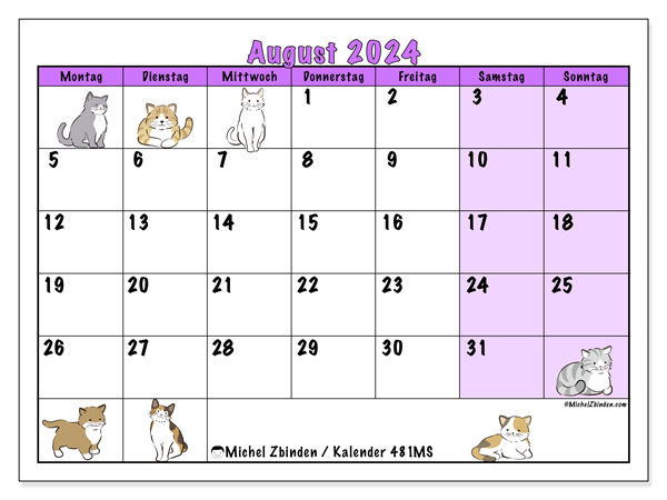 Kalender August 2024 “481”. Programm zum Ausdrucken kostenlos.. Montag bis Sonntag