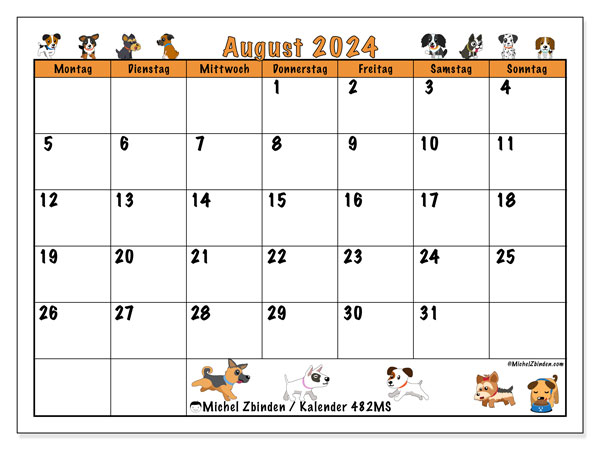 Kalender August 2024 “482”. Kalender zum Ausdrucken kostenlos.. Montag bis Sonntag