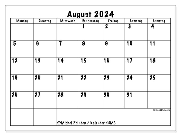 Kalender August 2024, 48SS. Programm zum Ausdrucken kostenlos.