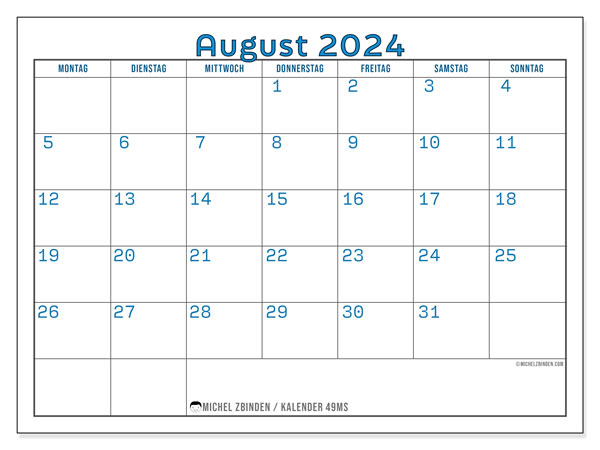 Kalender August 2024, 49SS. Programm zum Ausdrucken kostenlos.