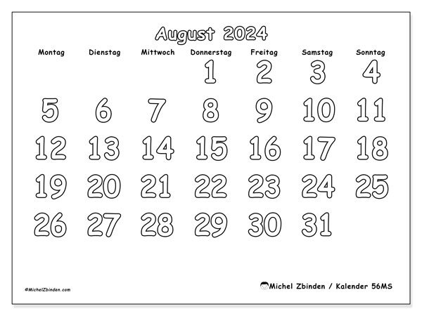 Kalender August 2024, 56MS. Programm zum Ausdrucken kostenlos.