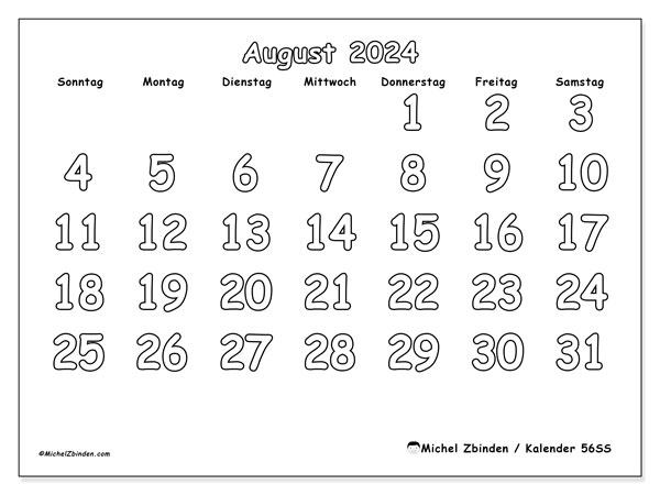Kalender August 2024 “56”. Programm zum Ausdrucken kostenlos.. Sonntag bis Samstag
