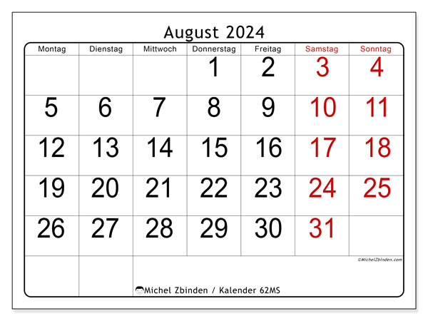 Kalender August 2024 “62”. Programm zum Ausdrucken kostenlos.. Montag bis Sonntag