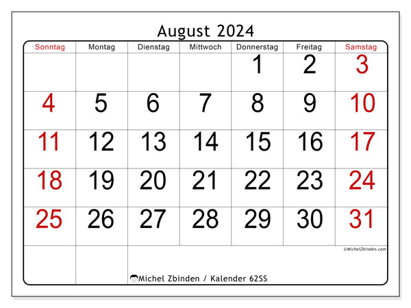 Kalender August 2024 “62”. Programm zum Ausdrucken kostenlos.. Sonntag bis Samstag