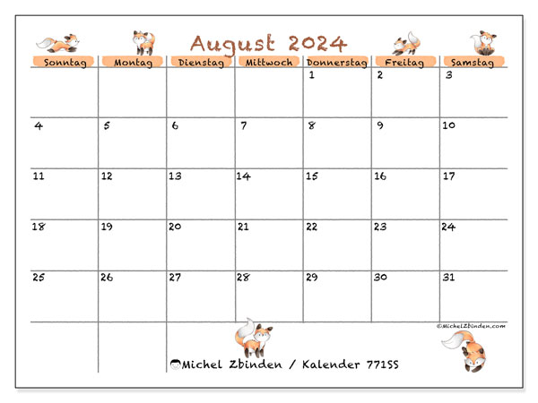 Kalender August 2024, 771SS. Programm zum Ausdrucken kostenlos.