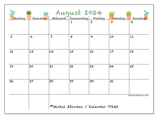 Kalender August 2024 “772”. Programm zum Ausdrucken kostenlos.. Montag bis Sonntag